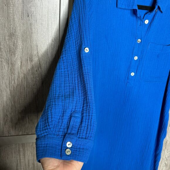 J. Jill Dress Womens Small Petite Midi Kaftan Gauze Roll Up Sleeves Pockets Blue - Picture 9 of 9